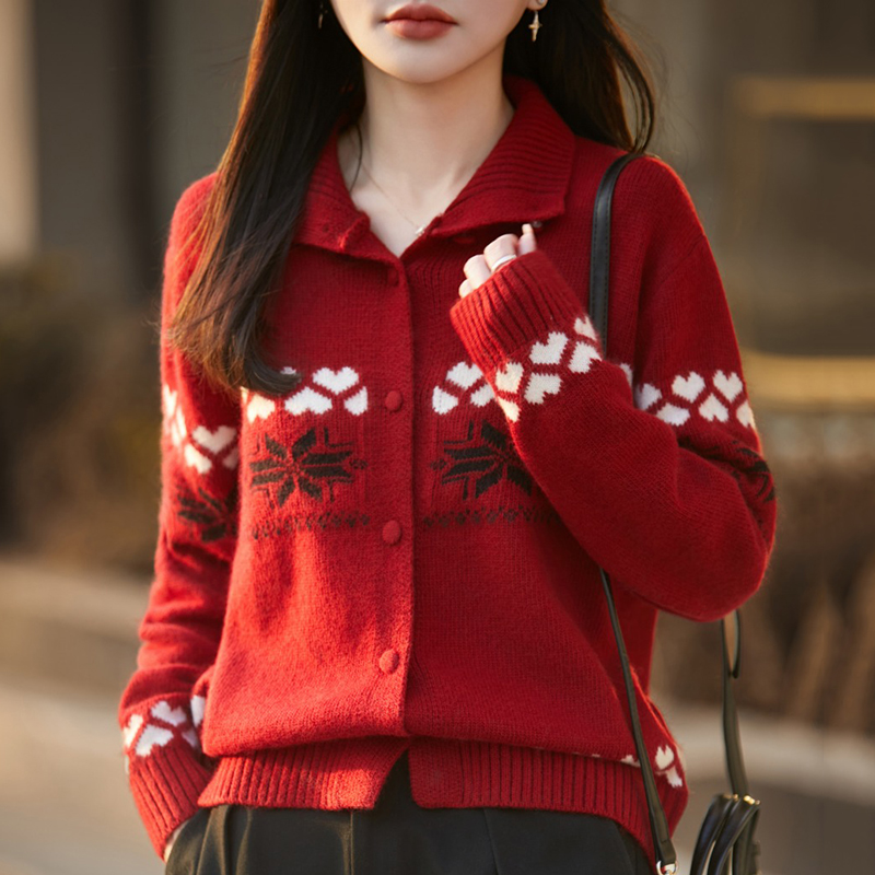 新年款~加厚~爱心雪花红扣针织开衫外套女