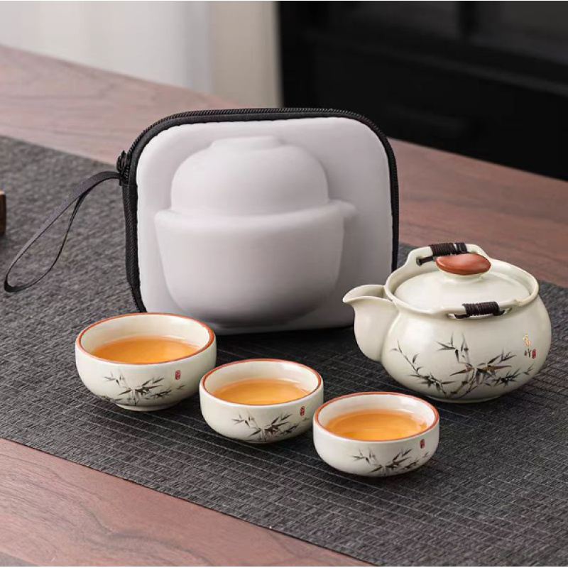 LX188汝窑手抓壶陶瓷功夫竹茶具一壶三杯便携式旅行泡茶壶露营防
