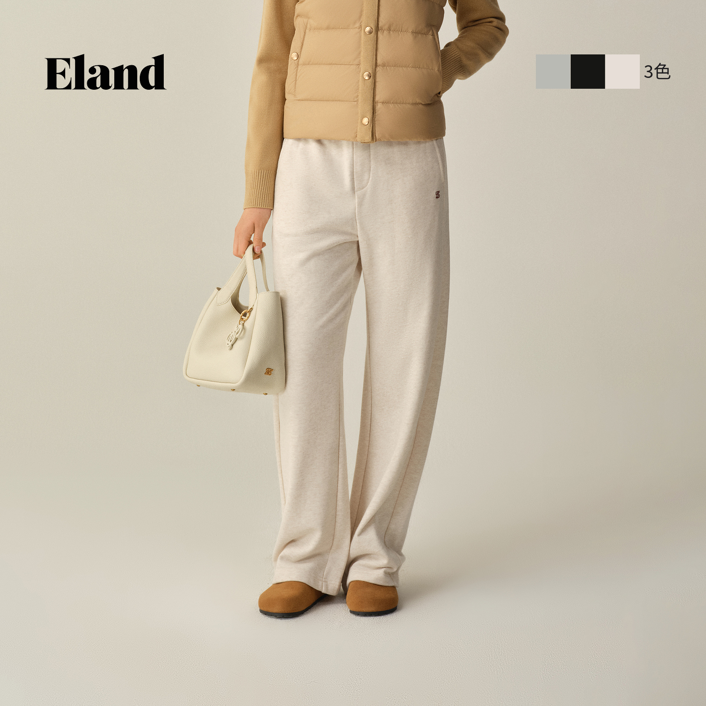 Eland衣恋休闲裤女微香蕉形宽松简约松紧腰直筒卫裤EETMF89S01