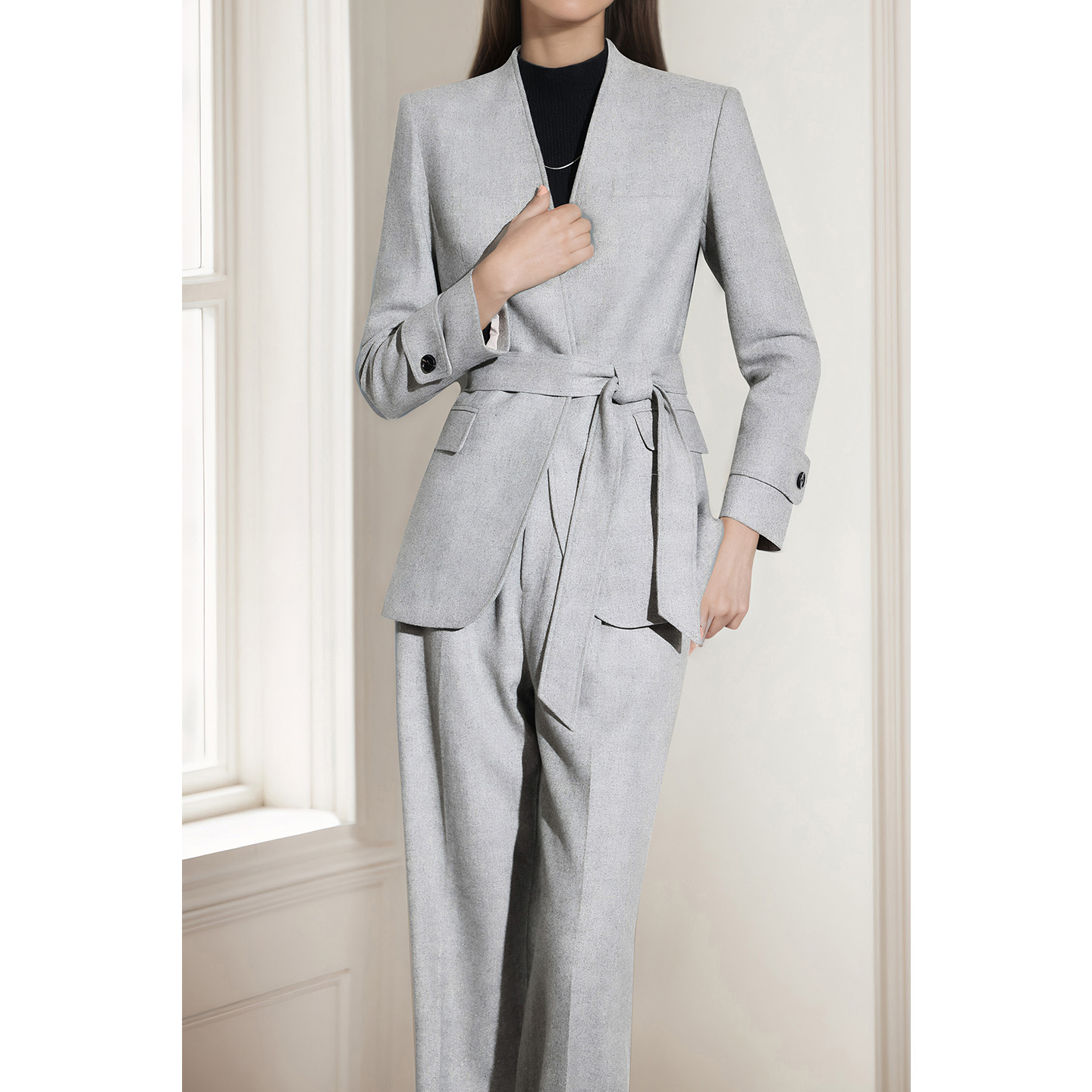 毛呢西装套装女秋冬季新款无领加厚西服外套素雅通勤职业时尚西服