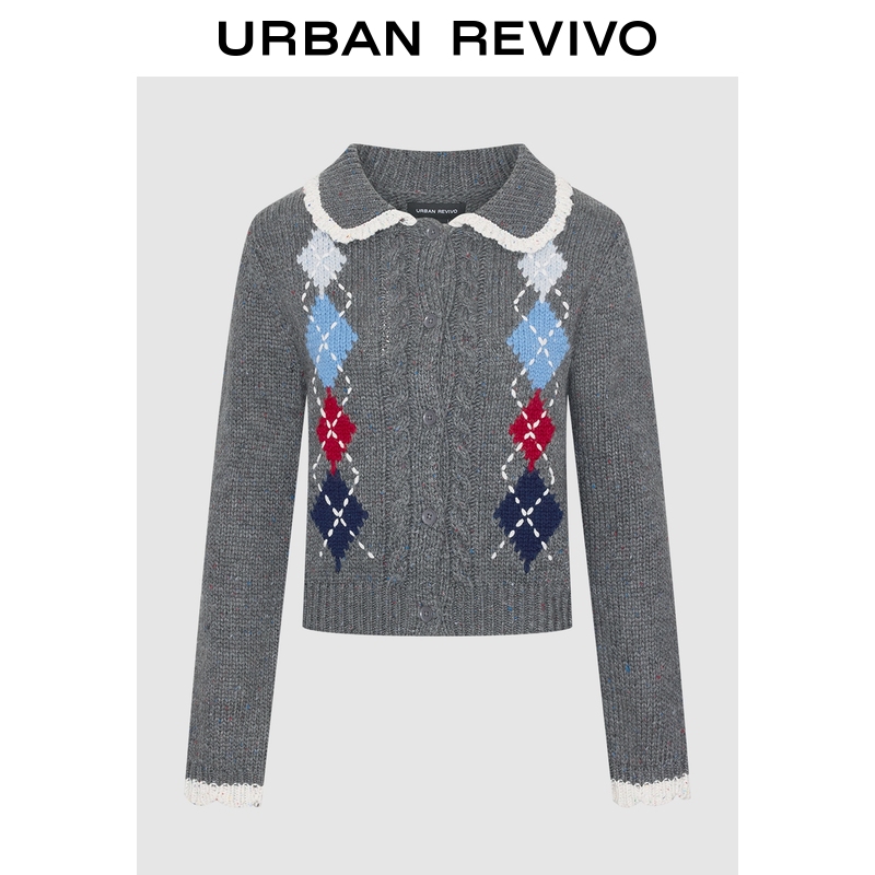 UR2026春季新款女装都市学院撞色菱格提花针织开衫UYU960015