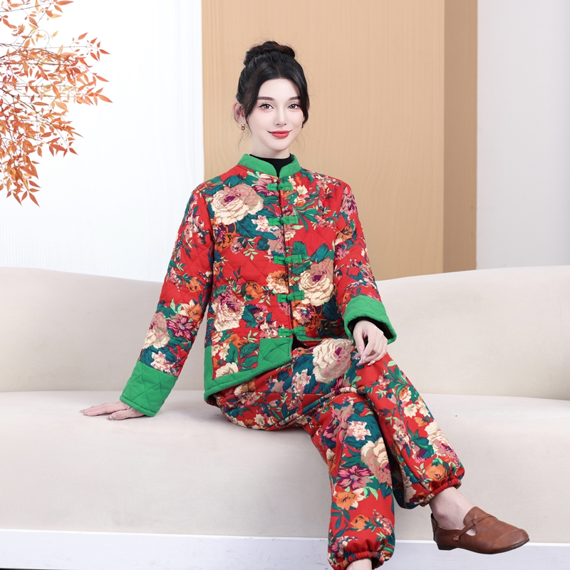 1622#东北大花棉衣冬季保暖上衣加绒加厚款套装复古棉服