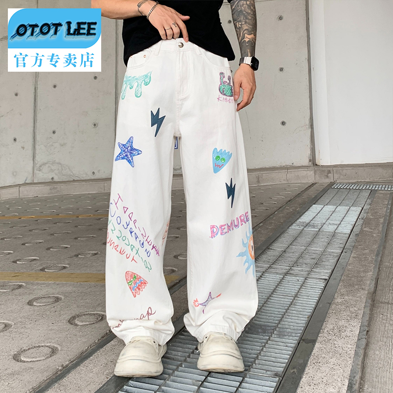 OTOTLEE高街直筒裤无弹男扎染常规款韩式牛仔长裤涂鸦拼接休闲裤