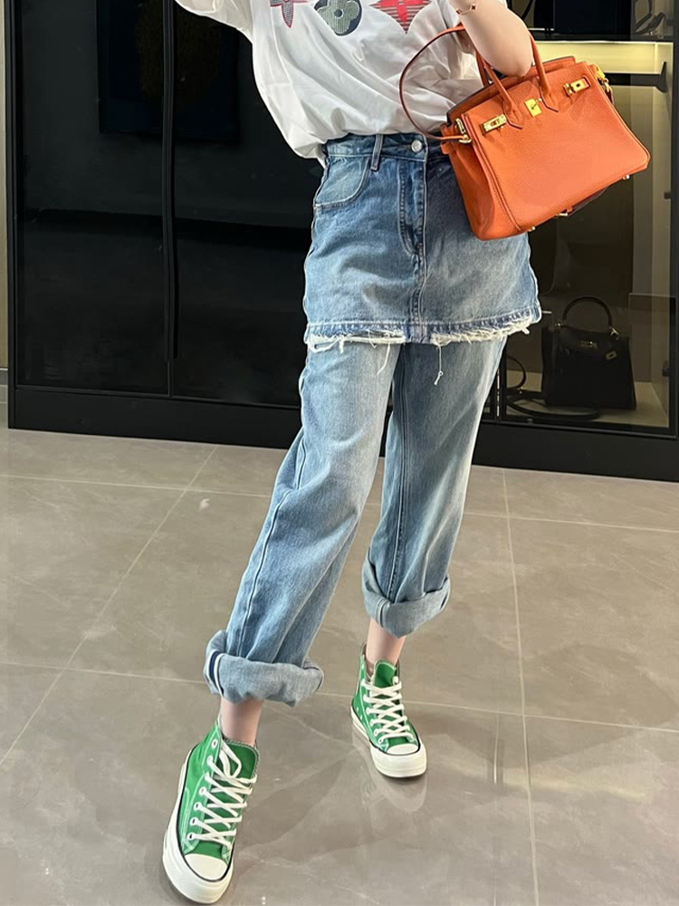 复古做旧高腰蓝色假两件牛仔阔腿裤子女款2025年新款今年流行爆款