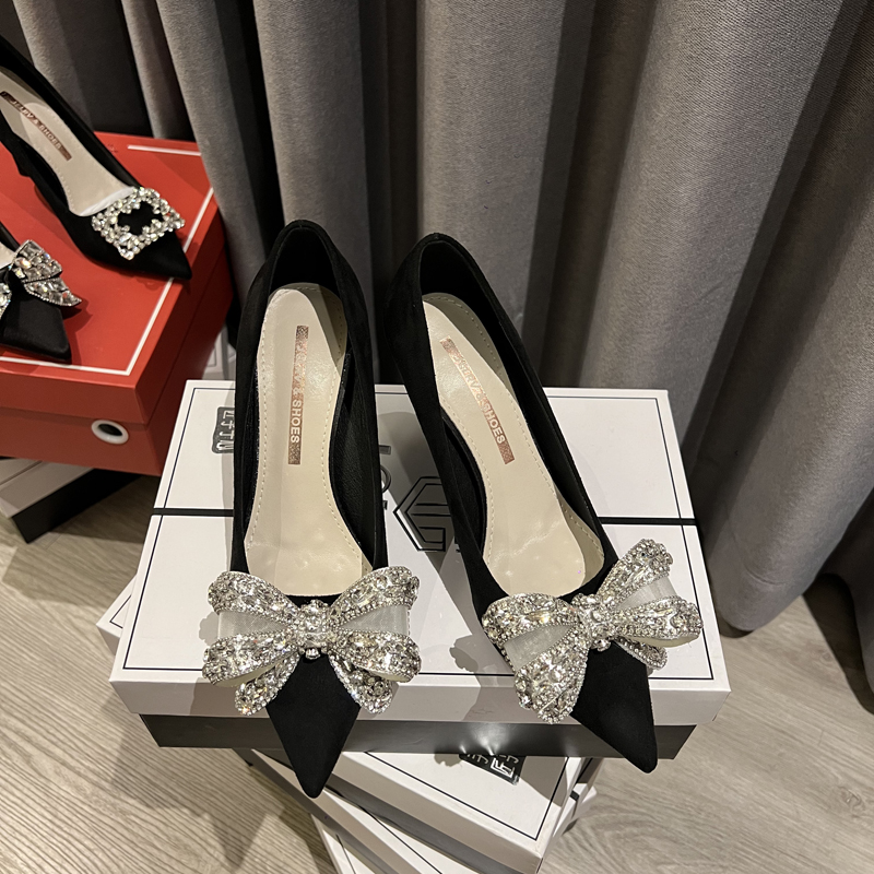 2025新款法式蝴蝶结水晶尖头单鞋高跟鞋女气质细跟浅口单鞋DX-100