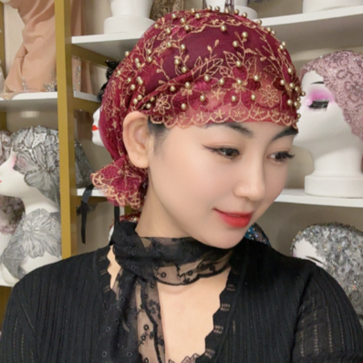 刺绣钉珠头纱美纱回族帽子四季上班新款2025