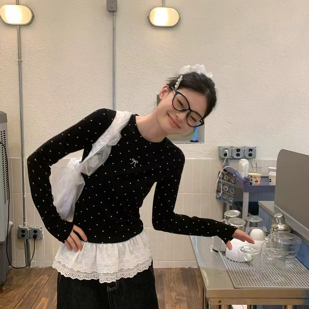 胖欣欣家设计感波点长袖荷叶边小衫显瘦上衣+裤子法式两件套套装