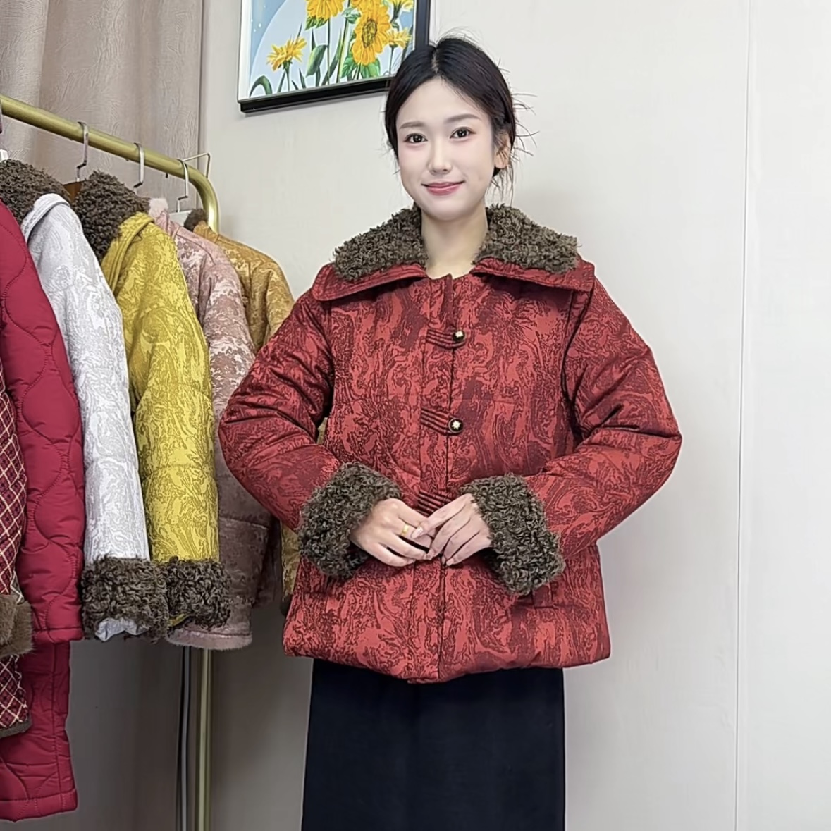 纽扣民族风常规款翻领中年女装加厚妈妈装加绒棉服