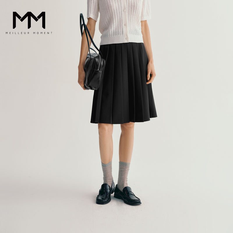 【欧若风】MM麦檬商场同款简约百搭黑色中长款百褶短裙5F6142141