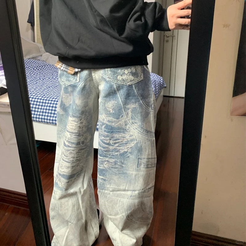 美式水洗3D印花设计牛仔裤男秋季复古百搭宽松直筒拖地弯刀裤子潮