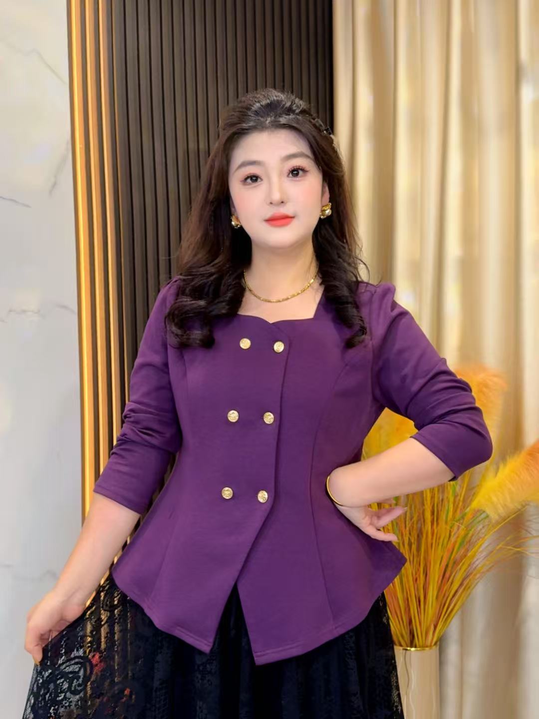蕾蕾2025秋季新款大码女装法式双排扣收腰百搭曼巴棉时尚上衣002