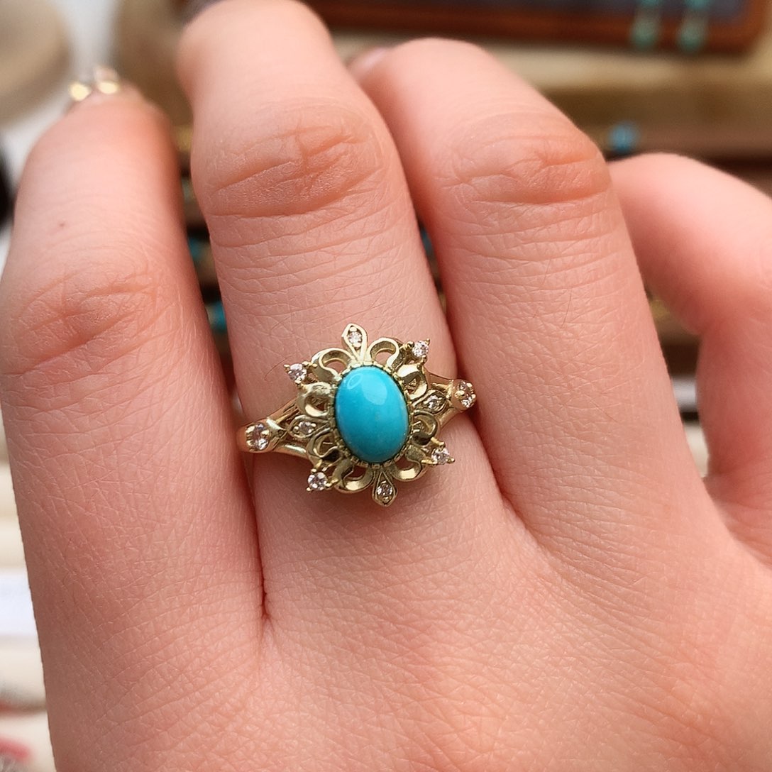 绿松石精品戒指银S925镀金镶嵌