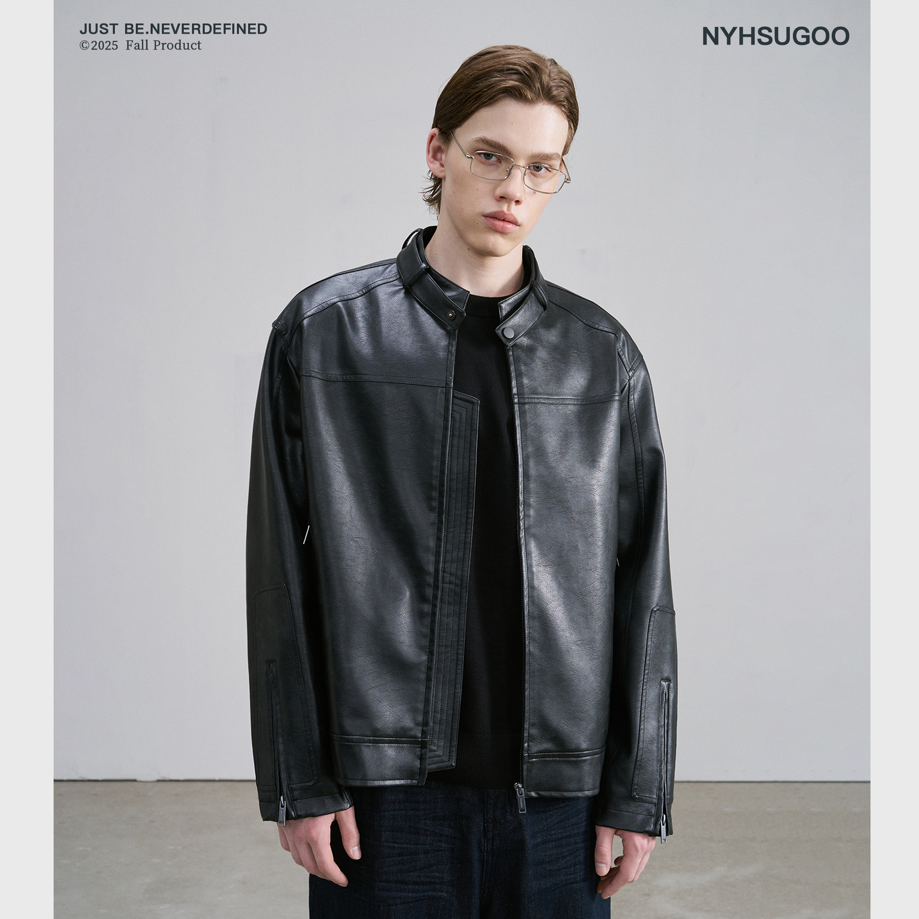 NYHSUGOO/南乙秋季男士机车黑色短阔版型皮衣3826立领外套