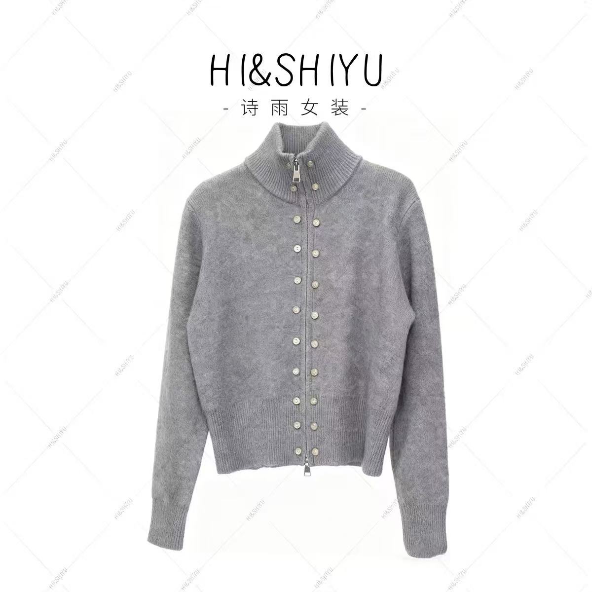 HISHIYU【软绵绵】双排扣立领拉链复古宽松气质手撕针织外衫上衣