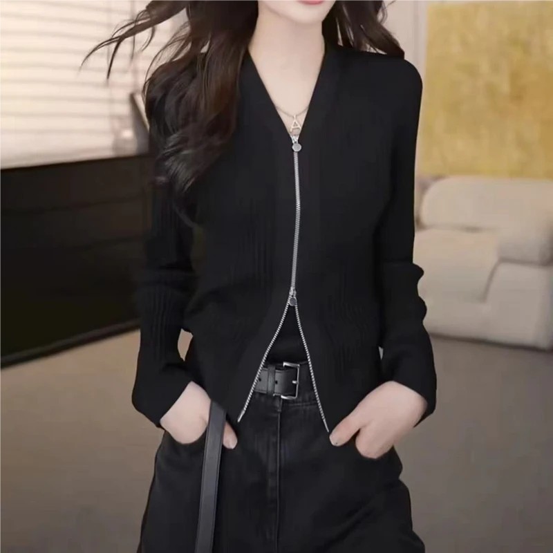 阿玛施AMASS 简约百搭时尚舒适V领拉链针织开衫548026波浪修身