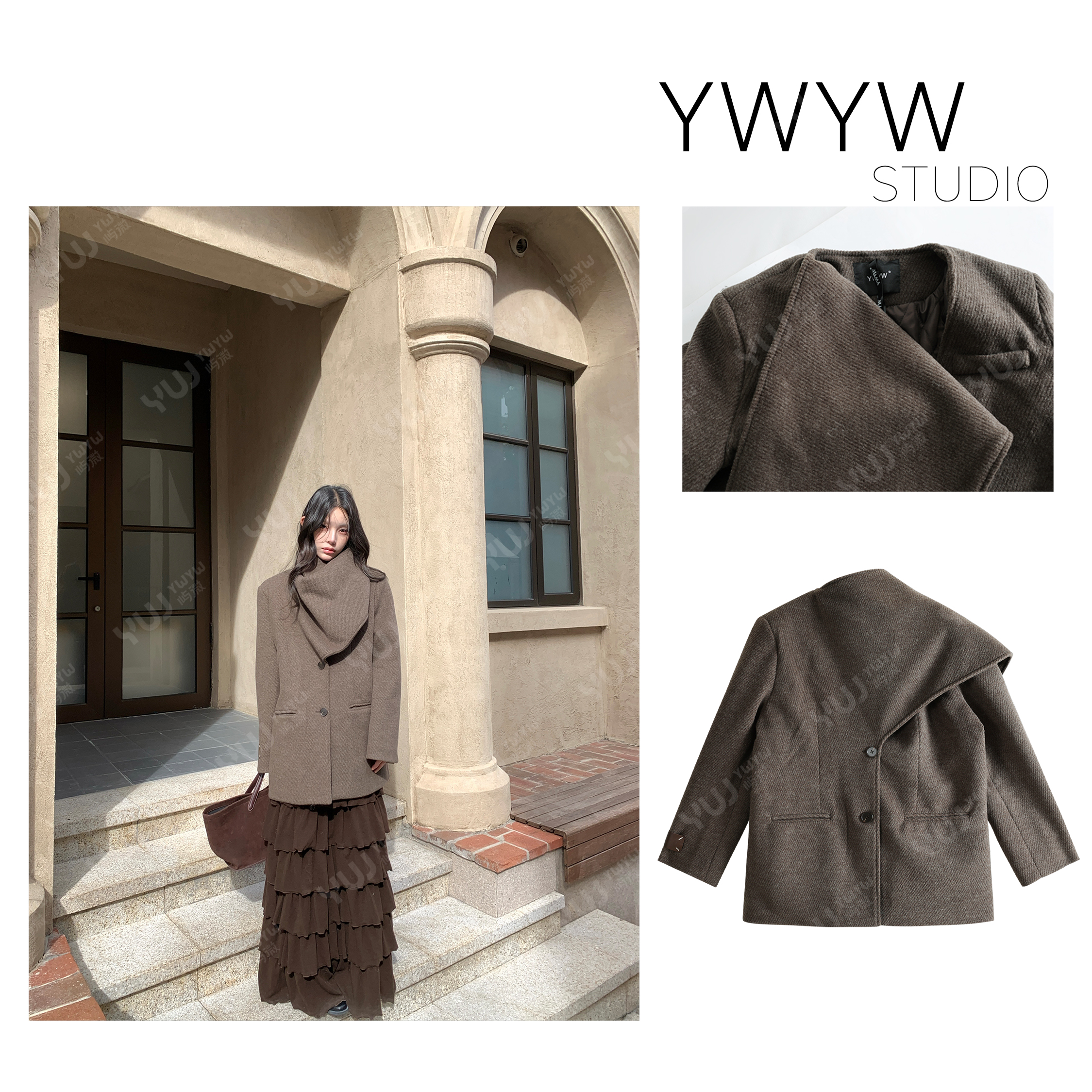【YWYW25F/W】复古设计感围脖一体披肩宽松混羊毛毛呢外套5931