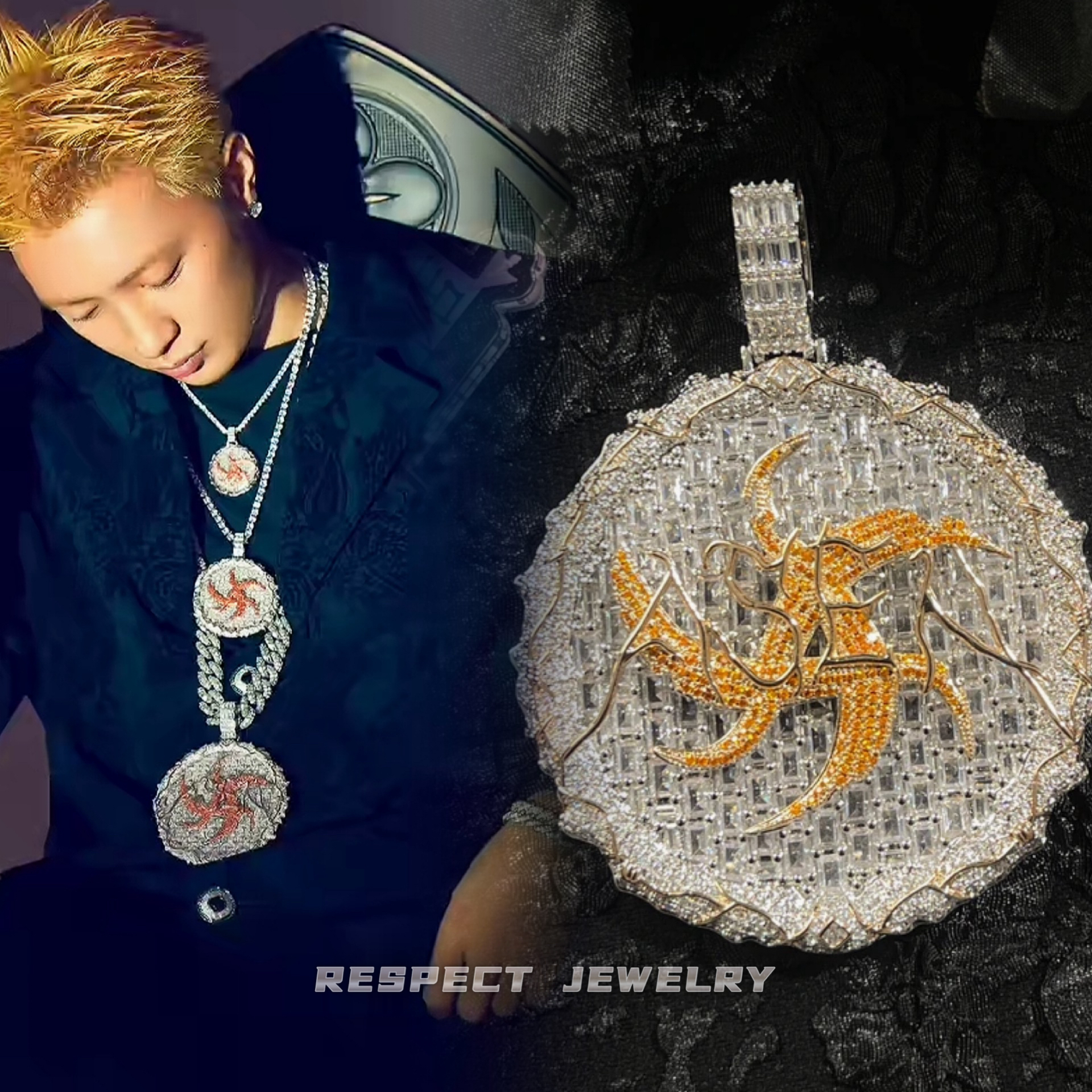 铜合金合成锆石吊坠 RESPECT ASEN同款中饼6㎝嘻哈百搭时尚吊坠