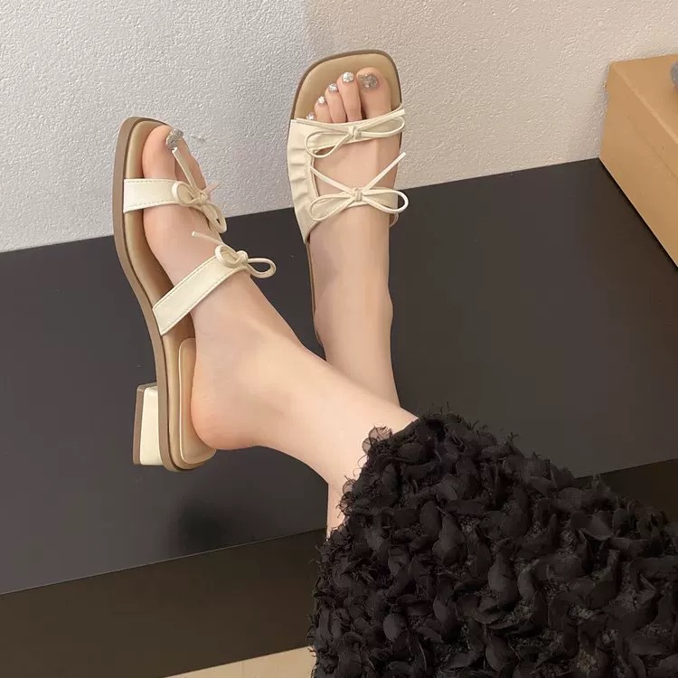 法式方头拖鞋女夏外穿新款百搭仙女风蝴蝶结配裙子一字凉拖鞋B62