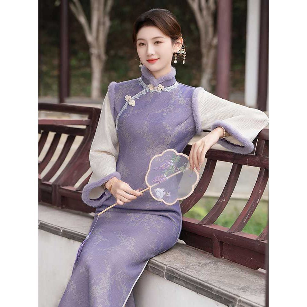 紫色冬装国风中式长款旗袍年轻款女复古修身长袖日常可穿设计感高