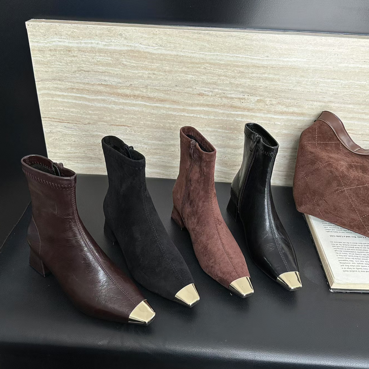 698-16时装靴真皮高跟女靴细跟短靴时尚欧美风方头复古