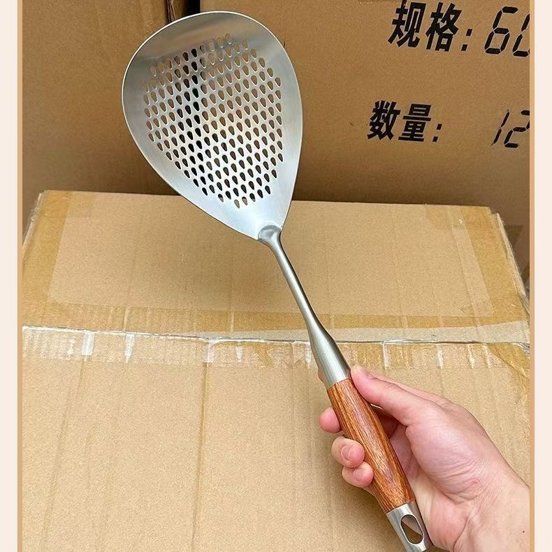 【宽度12.8cm】不锈钢梨木手柄用品捞面勺捞饺子家用加厚加宽漏勺