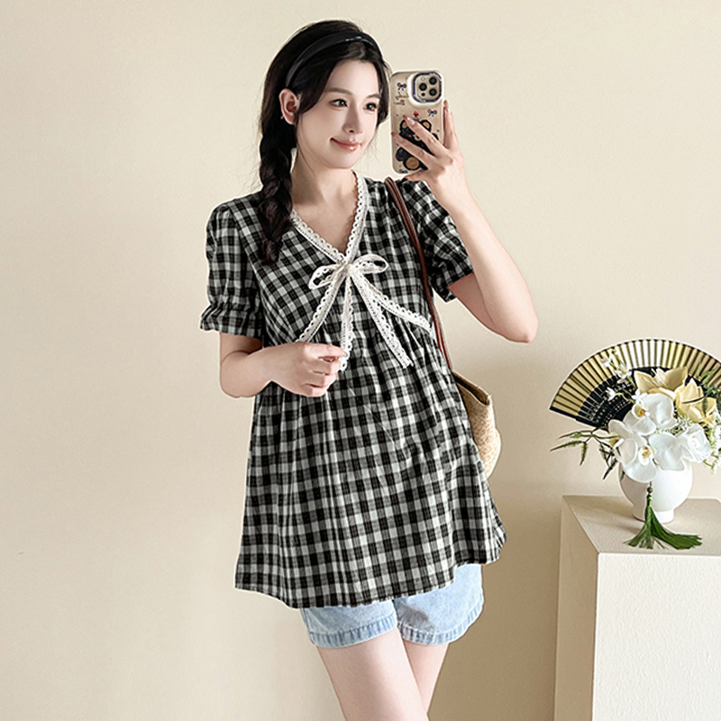 【伊伊】孕妇装2025夏季新款时尚小个子休闲宽松减龄格子短袖衬衫