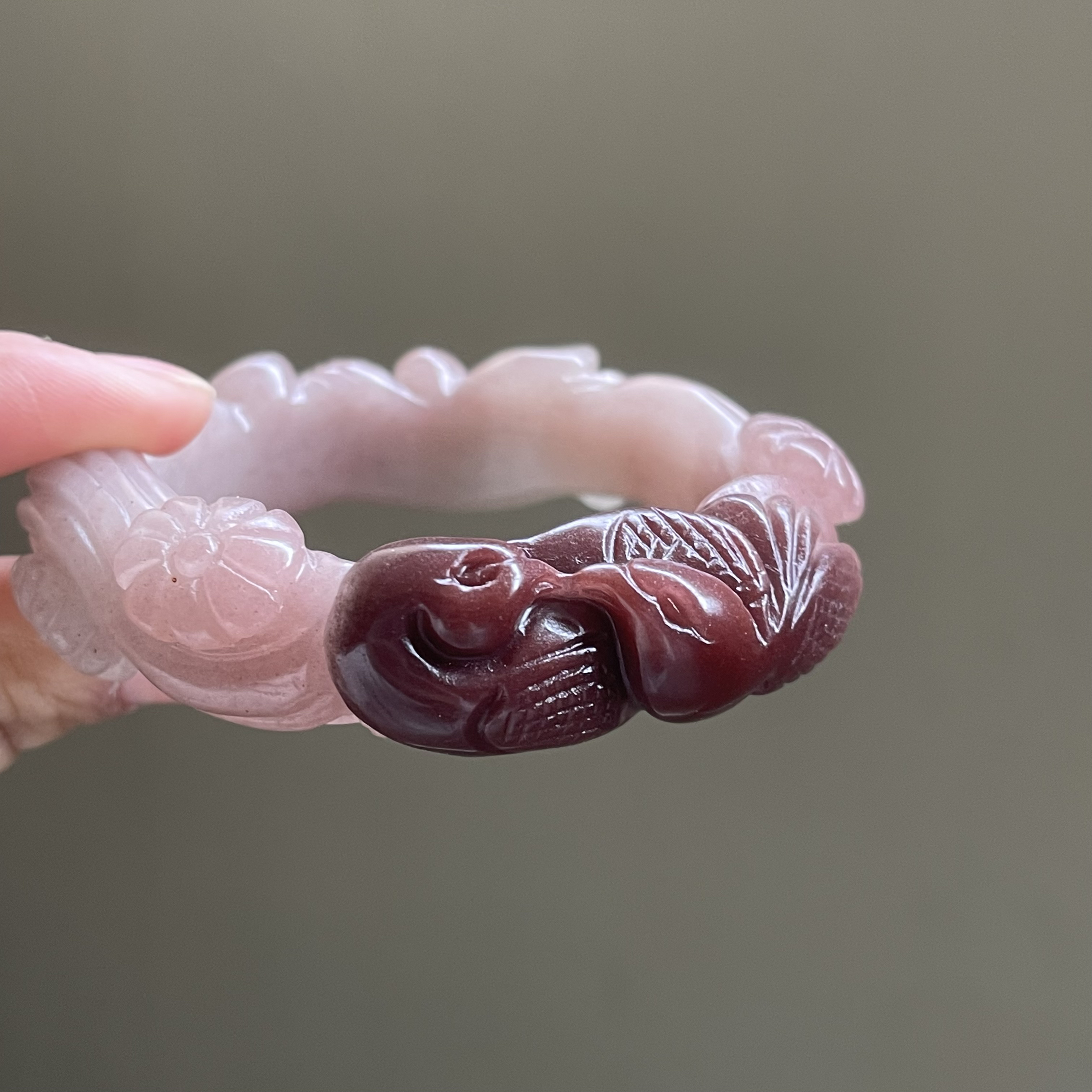 天然石英质玉佘太翠芋泥啵啵喜鹊梅花雕刻手镯天然保真俏色巧雕54