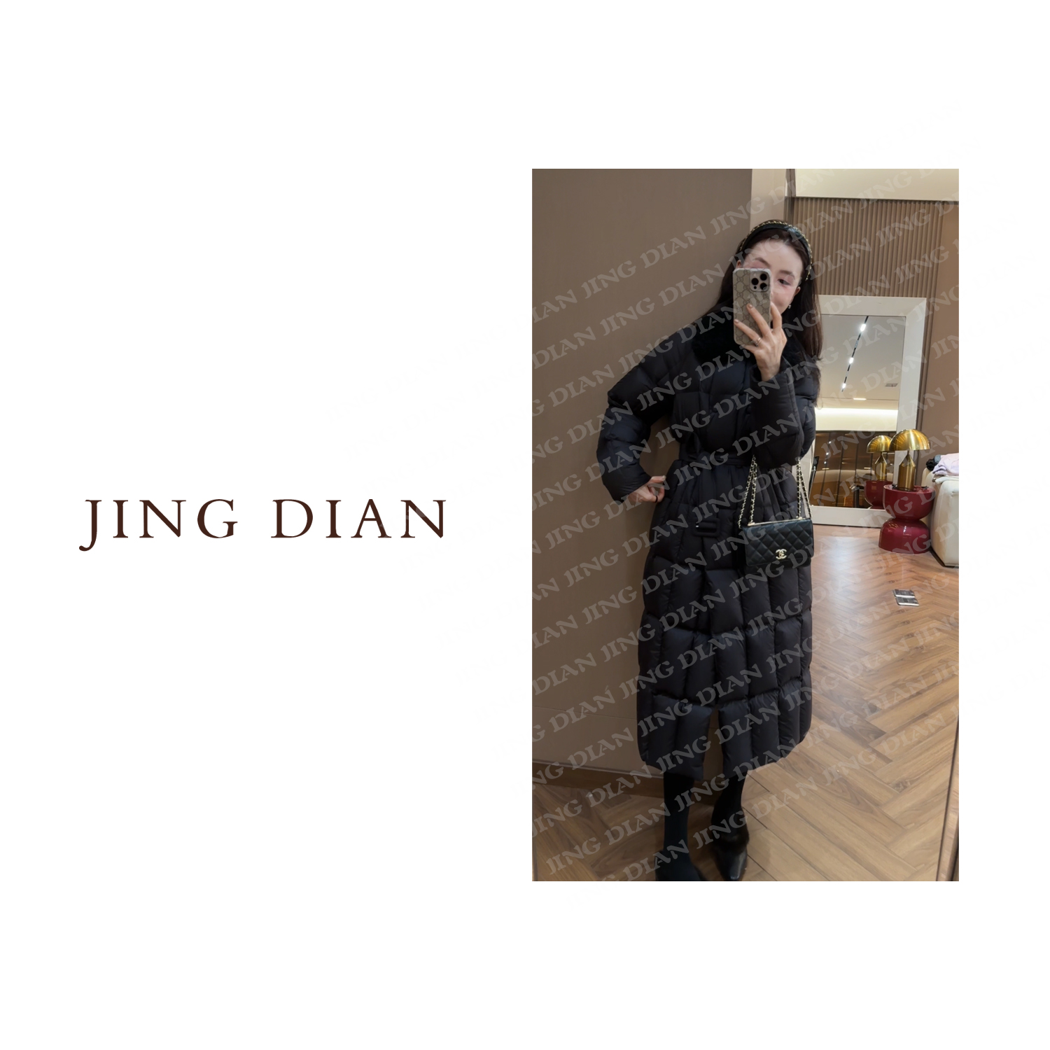 【TT-JIN DIAN】黑色翻领小竖格长款腰带安心羽绒服2030