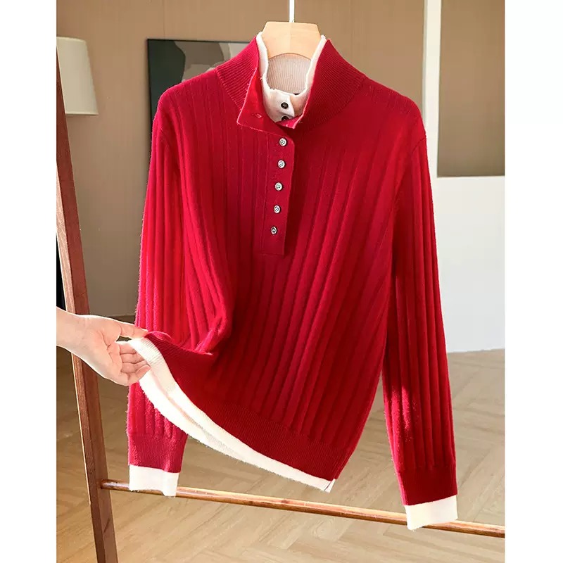 【绵羊毛】冬季假两件针织舒适女叠领半高领薄款衫显瘦女士时尚气质