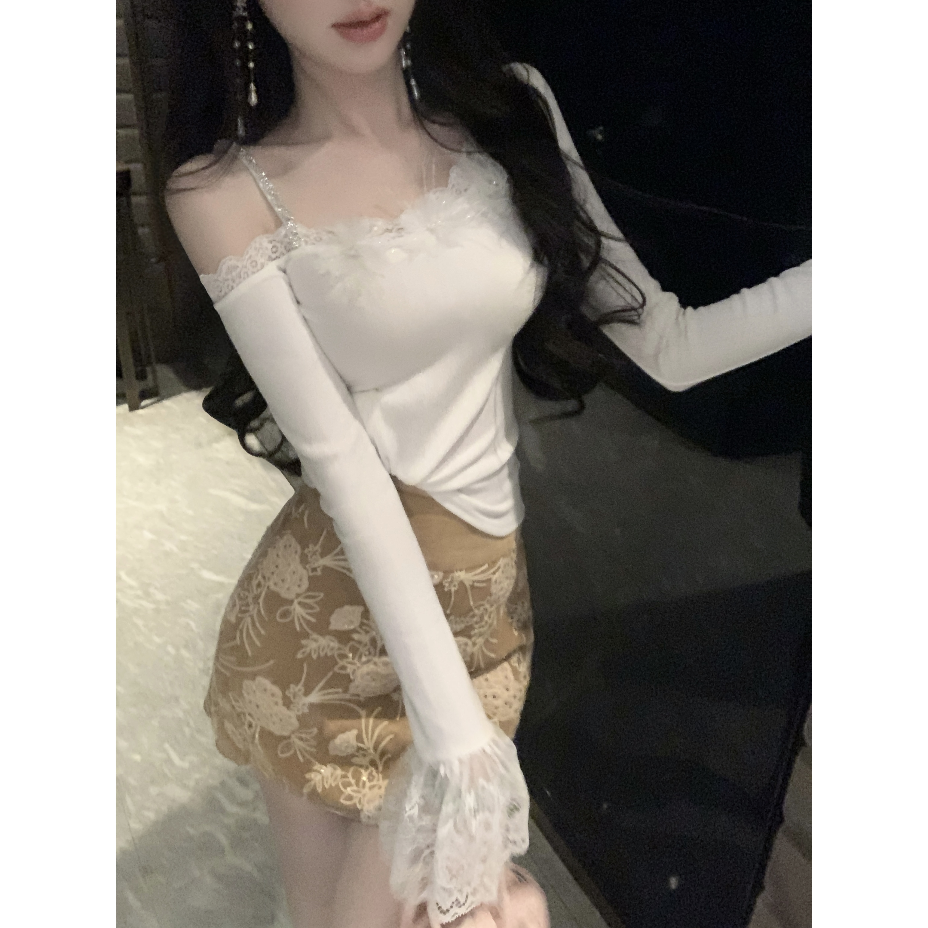 【雅乔定制】云边羽织 钻链斜肩蕾丝喇叭袖针织上衣女DYCC-25098410