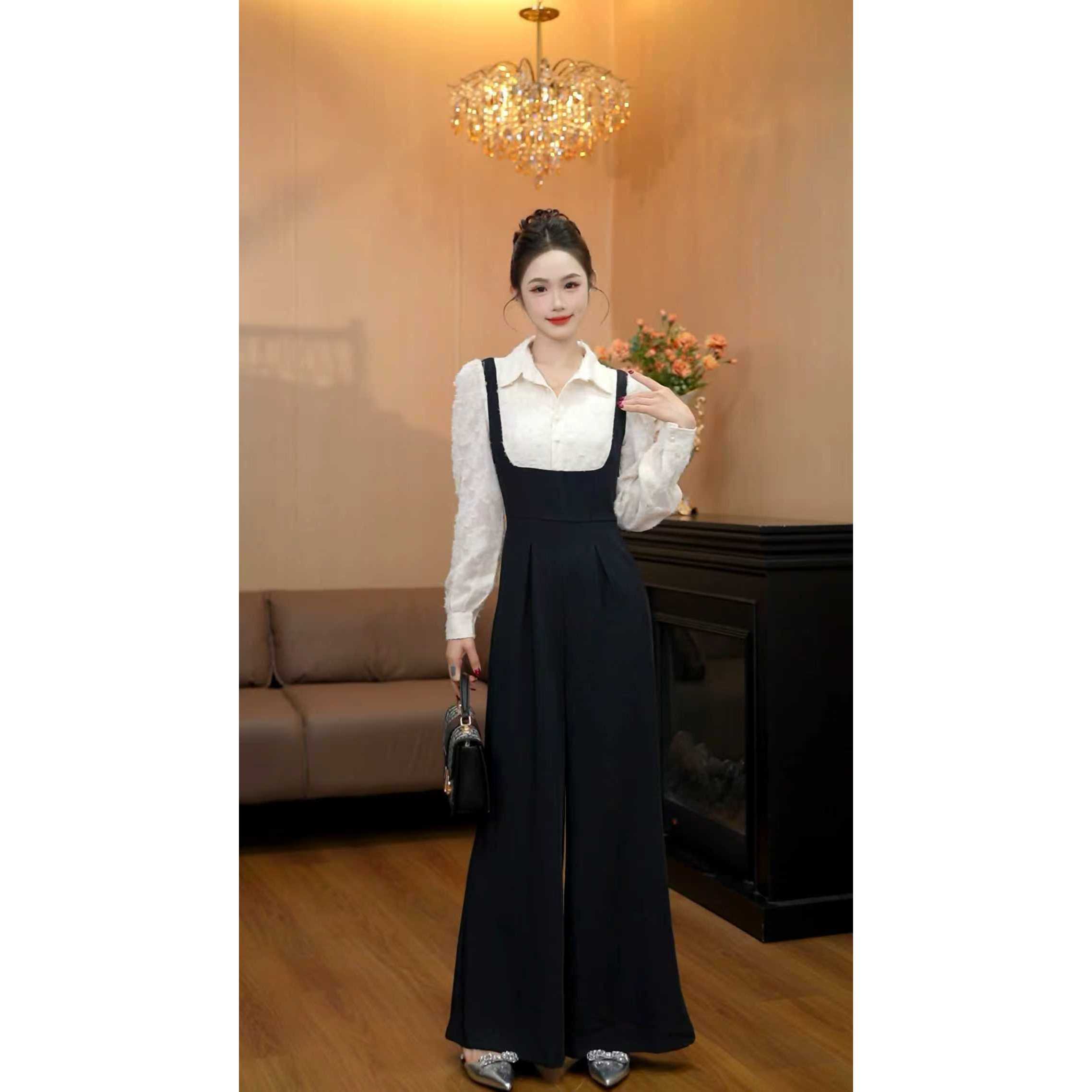 6198【素白黑律】秋季新款时尚气质黑白拼接假两件连体衣裤QH