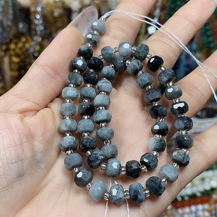 玛瑙/玉髓未镶嵌珠宝半成品天然鹰眼石切面车轮卡8mm