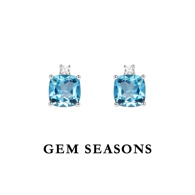 GEM SEASONS天然托帕石耳钉 蓝色方糖宝石简约时尚百搭款耳饰女