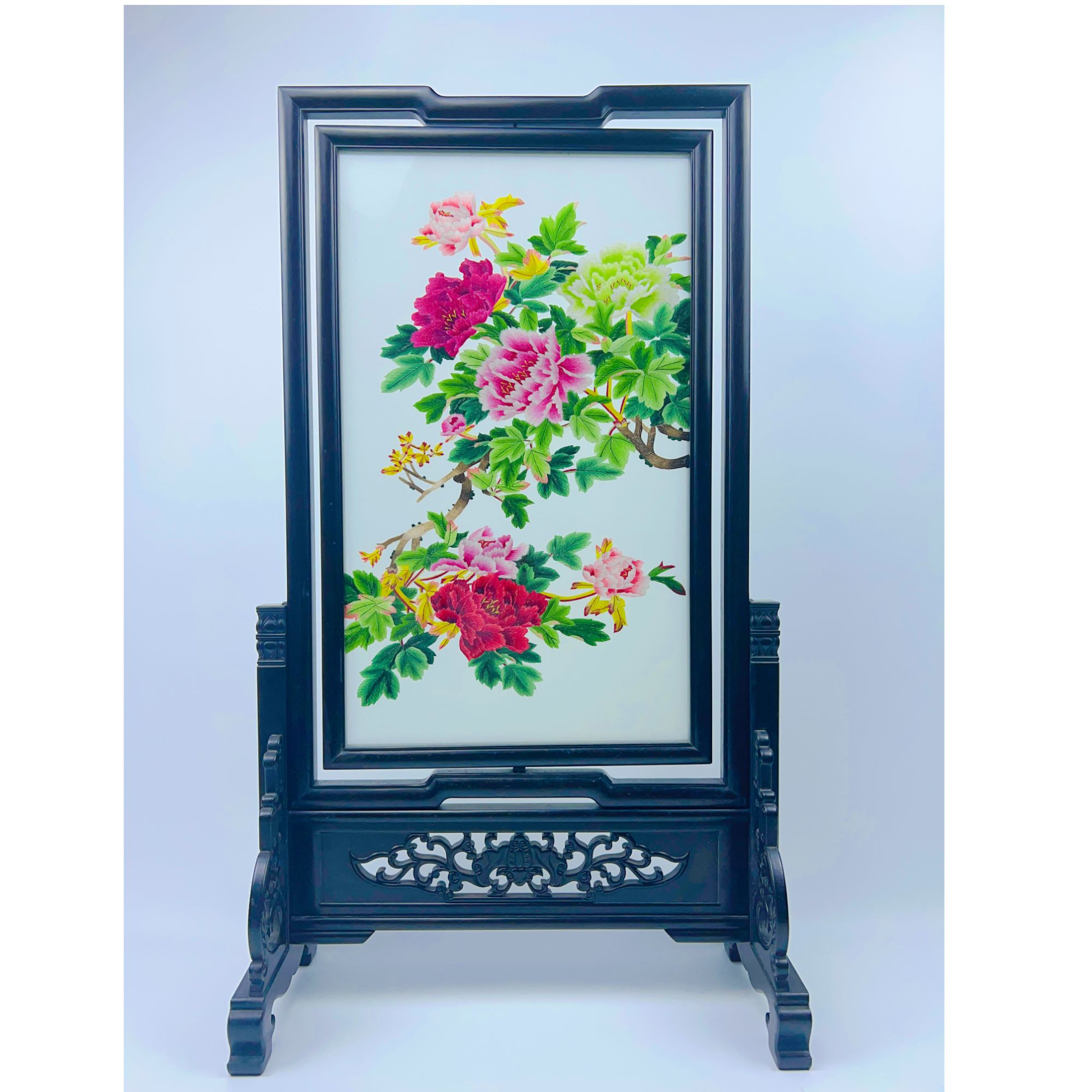 苏绣精美牡丹花刺绣大摆件实木紫光檀双面绣屏风高端礼品手工精品