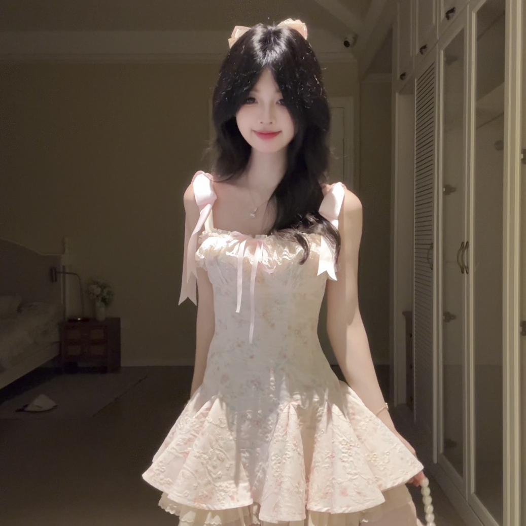 栗子团原创尘樱芭蕾夏日甜美法式小碎花收腰芭蕾吊带印花连衣裙