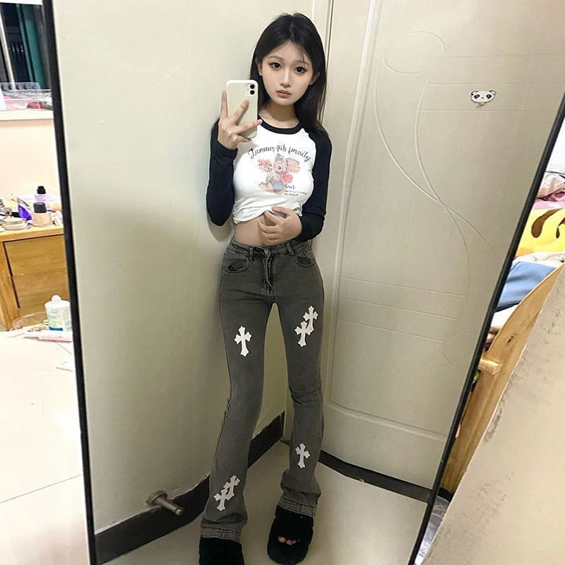 美式街头百搭时尚复古卡通印花长袖T恤拼接秋冬新款圆领简约上衣