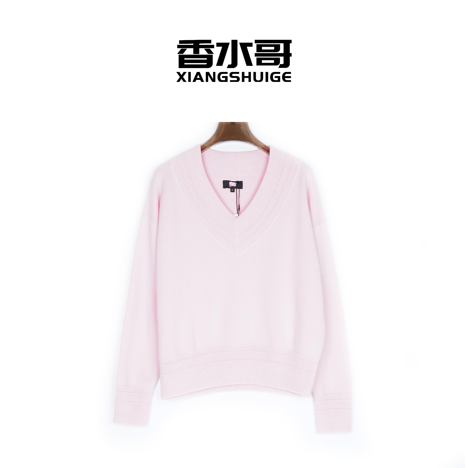 2025秋冬新品女设计感山羊绒V领套头衫长袖针织纯色休闲粉色毛衣