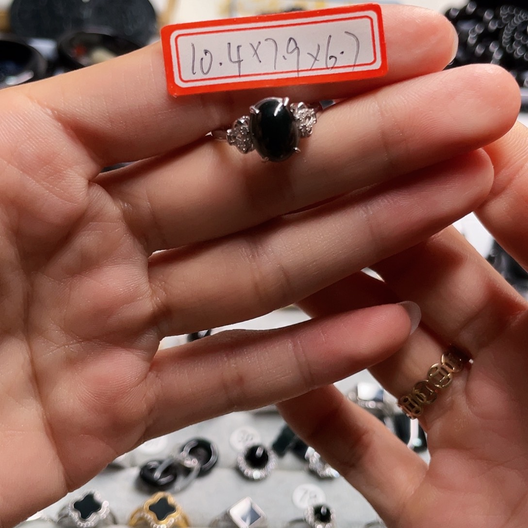 翡翠戒指银S925镶嵌꧁****墨翠蛋面戒指小