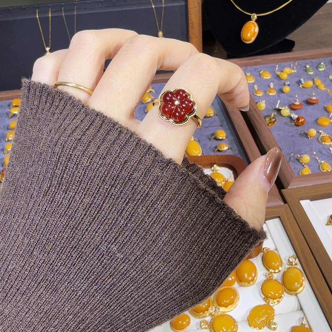 血珀银S925镀金镶嵌戒指