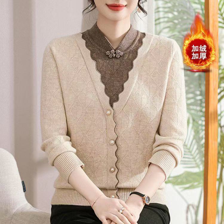 2025新款妈妈装秋冬针织衫中老年女装假两件毛衣时尚打底上衣9105