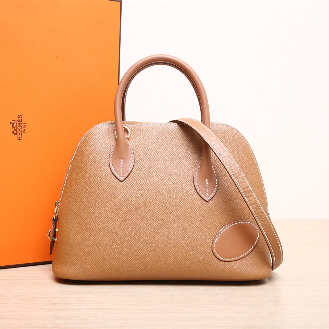 99新 Hermes/爱马仕 小花6欢 保龄球包 25 黄褐色拼金棕 U刻 金扣