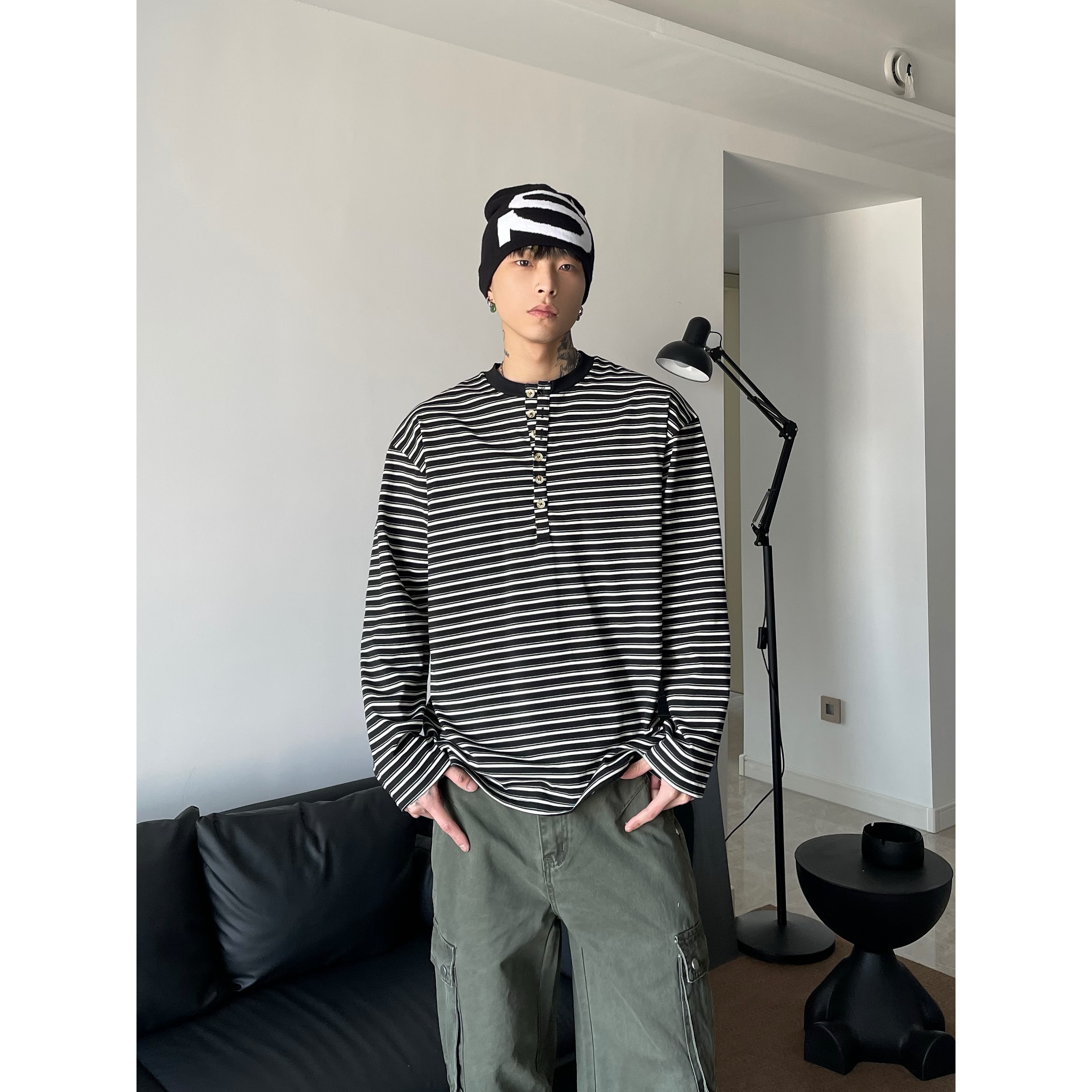 DAYAOBUTAIG复古小众亨利领条纹长袖打底宽松男女vintageT恤休闲