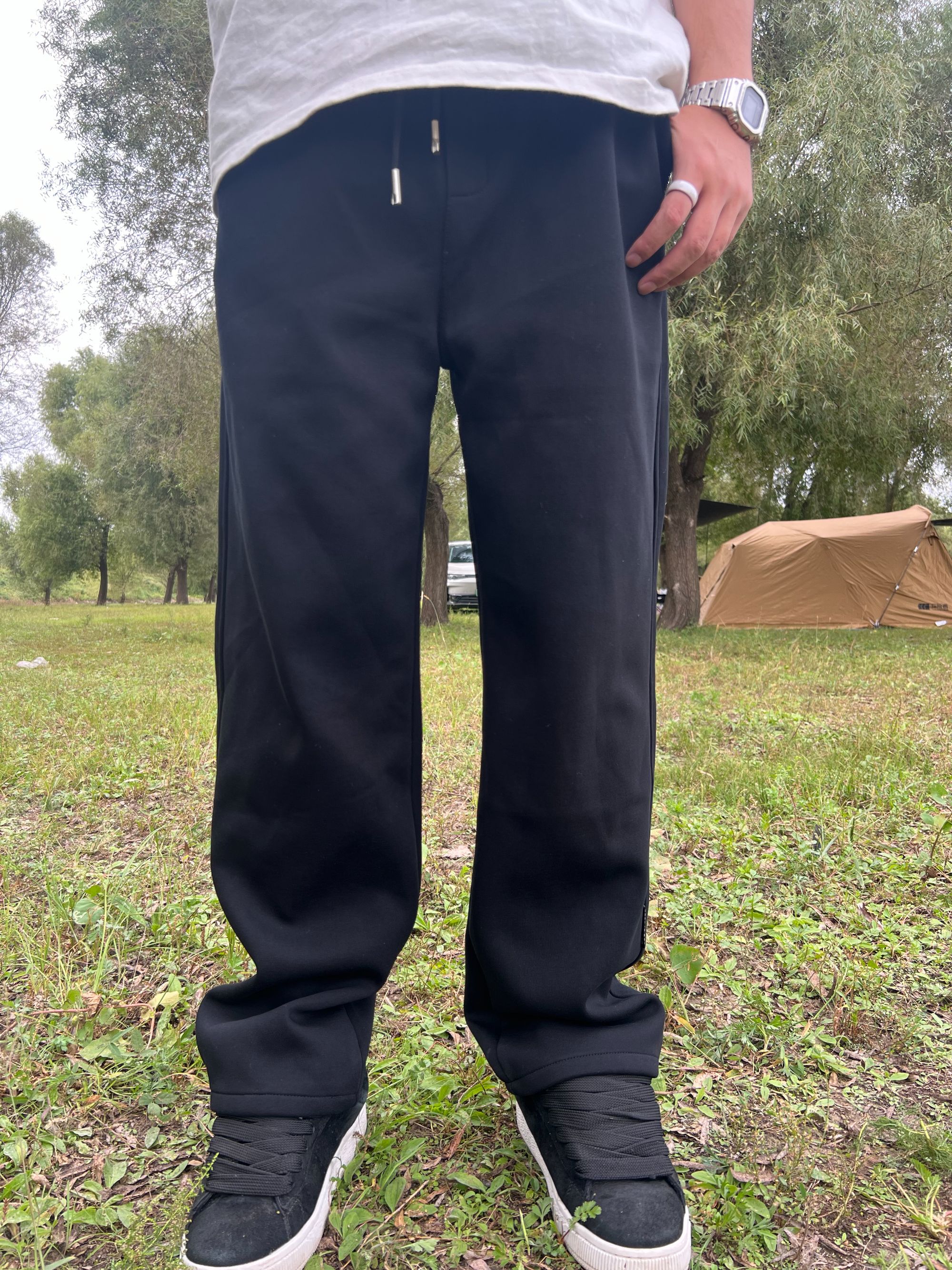 【未见山】净版纯色复古港风宽松重磅百搭卫裤直通简约潮流松紧腰