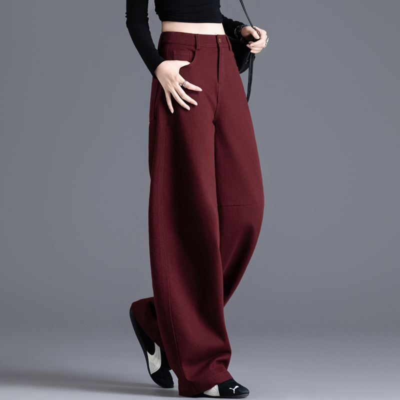 酒红色弯刀休闲裤2025新款秋冬加绒宽松香蕉镰刀小个子巨好看裤子