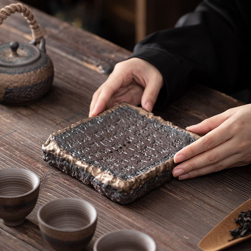 心经壶承日式鎏金铁釉小号粗陶壶承储水式干泡台壶垫壶托养壶茶盘