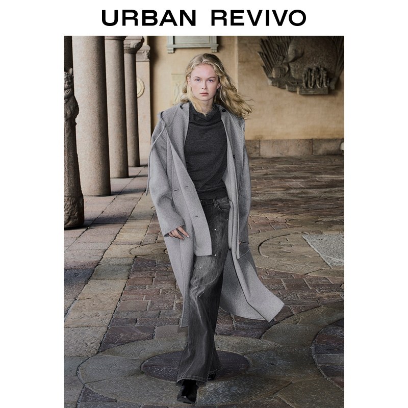 UR2025冬季新款女装高智感连帽系带双排扣大衣外套UWJ150090