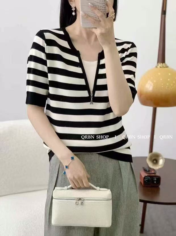 【韩衣舍】常规拼色短袖V领慵懒休闲T恤气质百搭