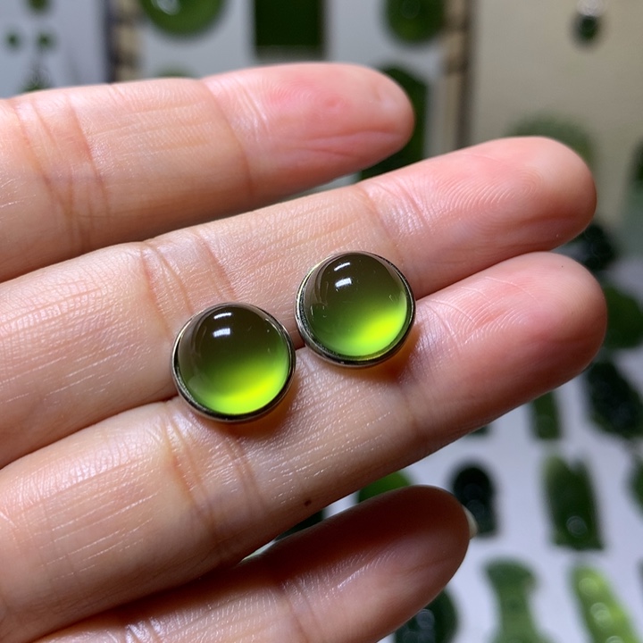 岫玉耳钉银S925镶嵌耳钉