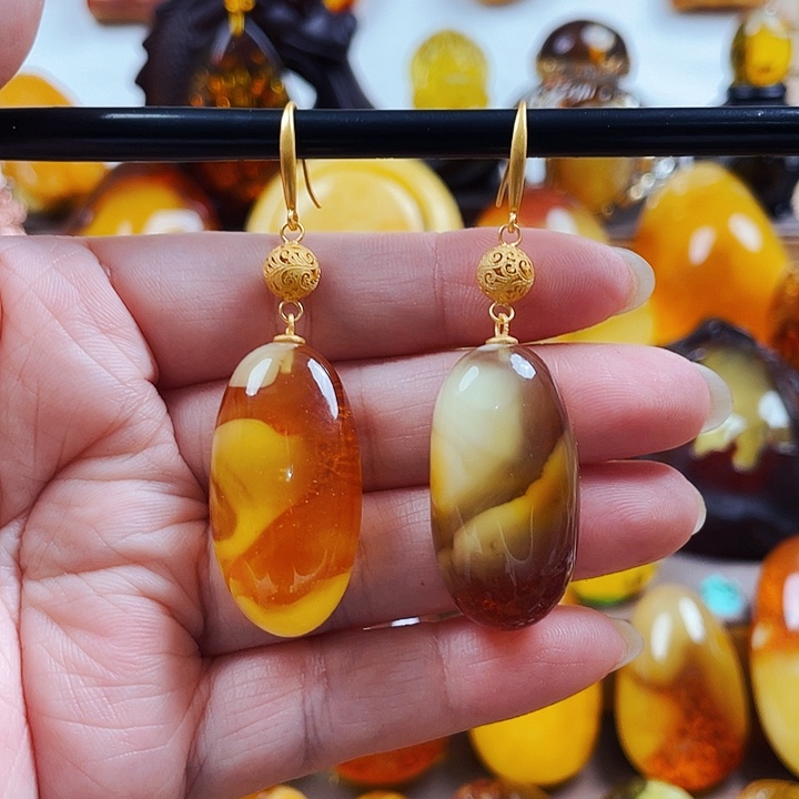 琥珀戒指银S925镶嵌李耳环