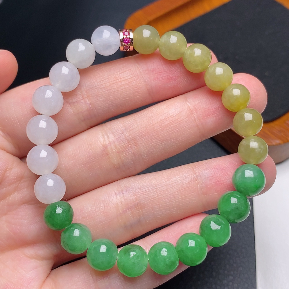 缅甸天然a货翡翠冰种三彩多宝圆珠手链卡8mm珠珠玉手串渐变